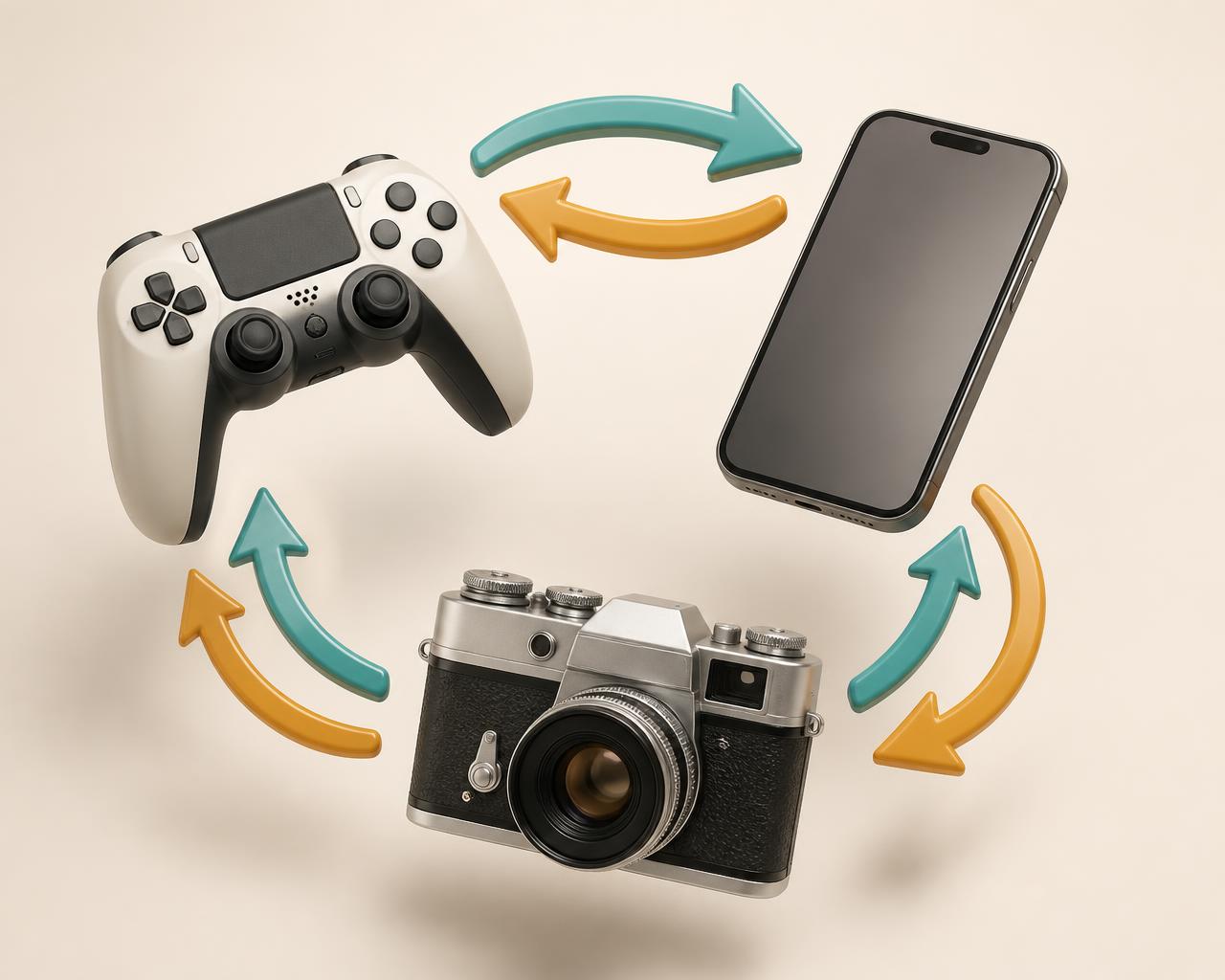 A game controller, a phone and a camera connected by exchange arrows